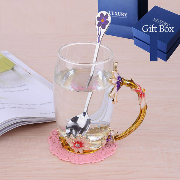 1PCS Creative Vintage Enamel Glass Cups Chrysanthemum Handgrip Coffee Mug