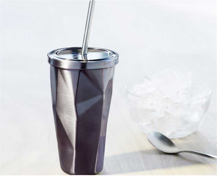 New Design 450ML Portable Double Wall Stainless Steel Travel Coffee Mug Tea Mugs With Lid Straw Great Gift