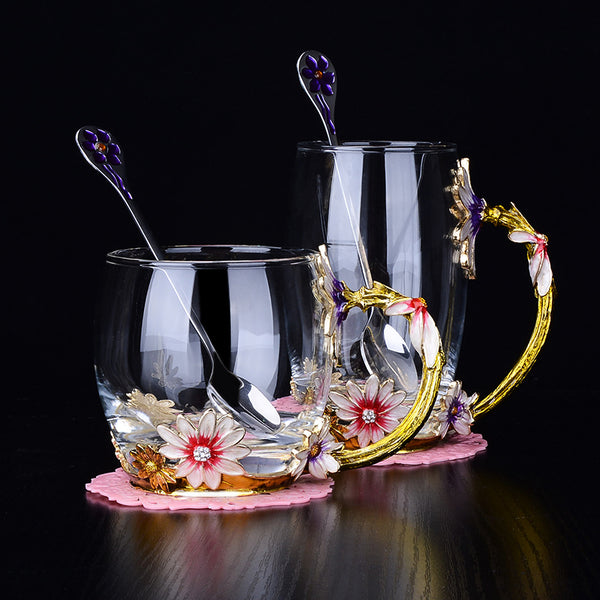 1PCS Creative Vintage Enamel Glass Cups Chrysanthemum Handgrip Coffee Mug