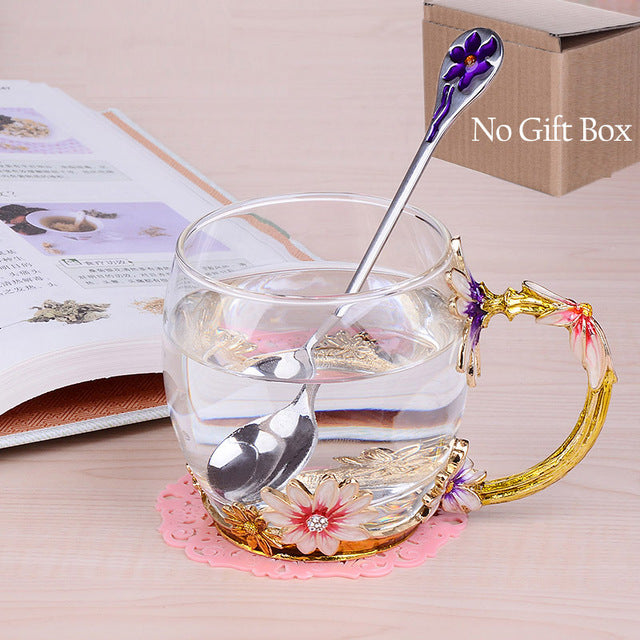 1PCS Creative Vintage Enamel Glass Cups Chrysanthemum Handgrip Coffee Mug