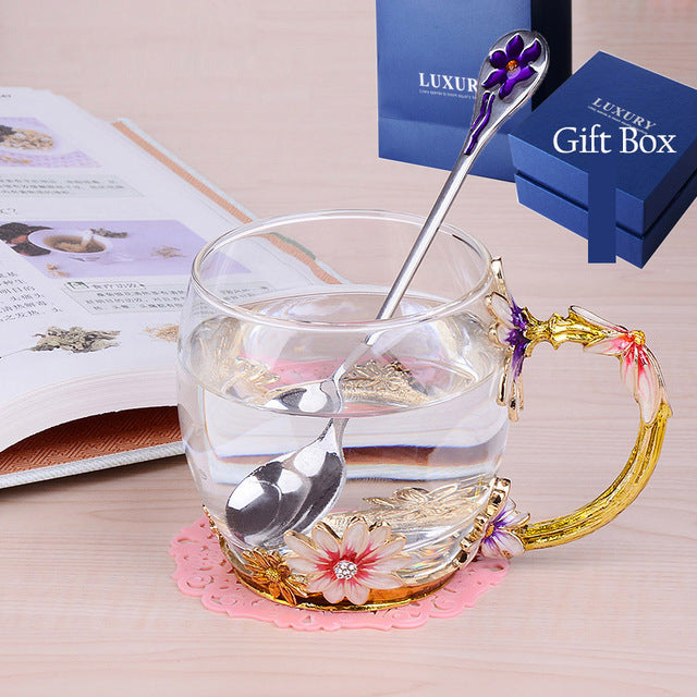 1PCS Creative Vintage Enamel Glass Cups Chrysanthemum Handgrip Coffee Mug