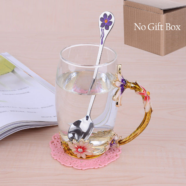 1PCS Creative Vintage Enamel Glass Cups Chrysanthemum Handgrip Coffee Mug