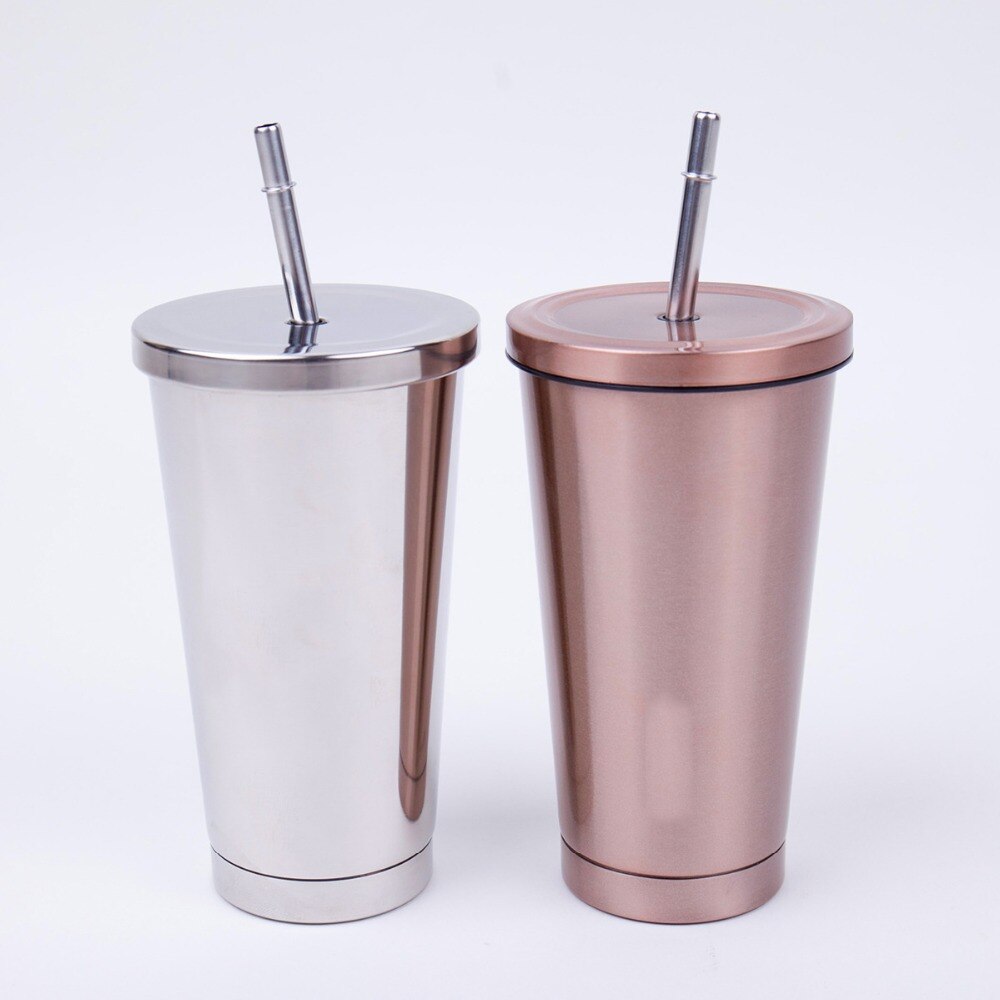 New Design 450ML Double Wall Stainless Steel Travel Coffee Mug Tea Cup With Lid Straw