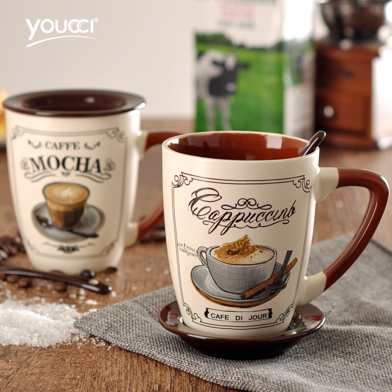 New European Simple Large Coffee Mug Set With Cover Spoon Ceramic Personalized Drinkware