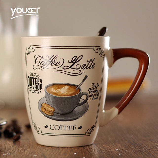 New European Simple Large Coffee Mug Set With Cover Spoon Ceramic Personalized Drinkware