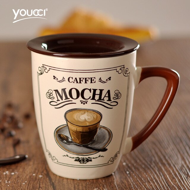 New European Simple Large Coffee Mug Set With Cover Spoon Ceramic Personalized Drinkware