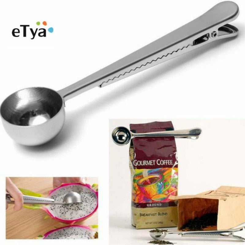 eTya 1PC Durable Stainless Steel Spoon With Bag Clip Ground Tea Coffee Scoop With Portable Bag Seal Clip powder Measuring tools